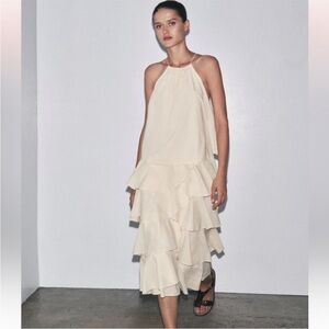 Zara Cream Halter Tiered Maxi Dress